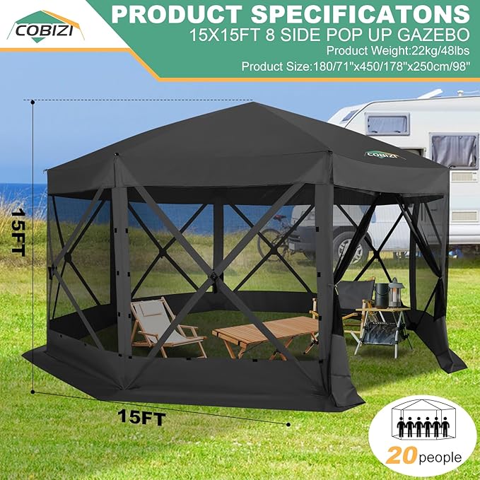 COBIZI 15x15ft Extra Large Pop-Up Gazebo Canopy Tent with Mosquito Netting, Spacious Easy Set-Up Screened Shelter, Durable Outdoor Pavilion with Ground Stakes, Perfect for Patio, Backyard,Black