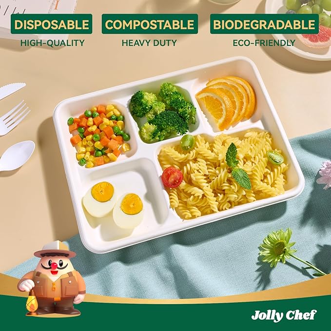 JOLLY CHEF Compostable 𝟱 Compartment Paper Plates 𝟭𝟭 * 𝟴 𝗶𝗻𝗰𝗵 [𝟱𝟬𝟬 𝗣𝗮𝗰𝗸] Heavy Duty White Divided Disposable Plate Eco-Friendly Biodegradable Container Food Trays for Party Lunch Buffet