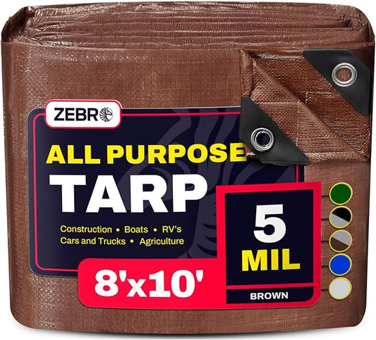 8' x 10' Brown Tarp with Grommets Reinforced - 5 Mil Thick - Durable UV Resistant Plastic Tarps Waterproof - Large Tarpaulin Cover for Outdoor Camping Over/Under Tent Tarp RV Roof Rain - Zebro