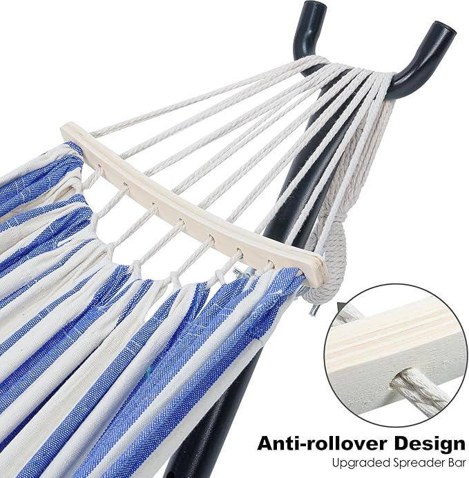 Double Hammock with Stand for Outside, Upgraded Spreader Bar, Heavy Duty Space Saving Steel Stand 2 Person, Convenient Pockets, 600lbs Weight Capacity, Indoor & Outdoor (Blue & White)