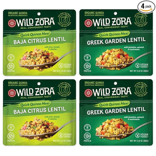 Wild Zora Instant Organic Quinoa Meals - Quick & Tasty Prepared Quinoa Bowls, Pantry Staples Gluten-Free Meal with Lentils Plus 10g Olive Oil Packet - Vegan Variety Sampler (4-Pack)