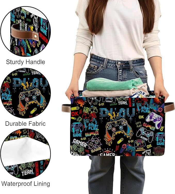 Gamer Rectangle Storage Basket - Game Themed Collection Collapsible Storage Baskets with Handles - Gamer Toy Bins for Boys - Cool Game Pattern Storages Bin for Kids Clothes, Gifts, Books