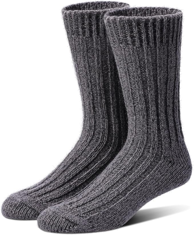 Tough Land 97% Merino Wool Crew Socks for Men & Women 2 Pairs – Classic Rib, Thick Wool Socks for Hiking, Work, Ski