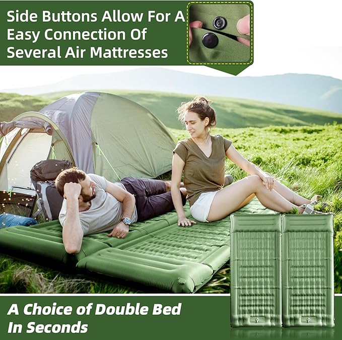 Sleeping Pad for Camping, 32.68 Inch Extra Wide Camping Mat with Pillow, Inflatable Sleeping Pads with Built-in Foot Pump, Air Mattress Extra Thick 5.11 Inch for Backpacking, Hiking, Tent (Army Green)