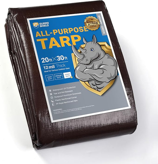 GUARD SHIELD Brown Tarp 20x30 Feet Large Plastic Tarps Heavy Duty Waterproof Outdoor Tarpaulin Cover 12mil