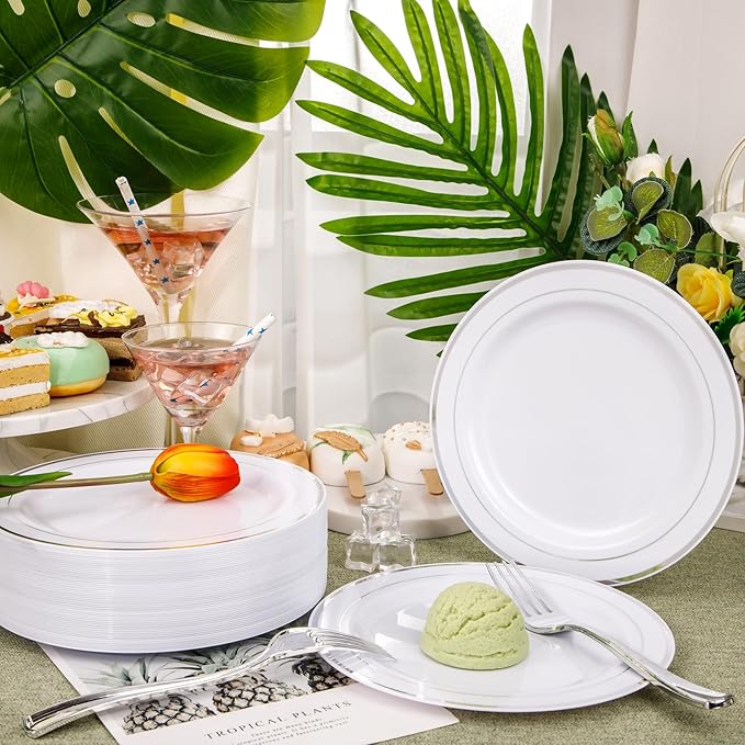Nervure 204PCS Silver Plastic Plastes - 102PCS Disposable Silver Dessert Plates with 102PCS Plastic Forks Perfect for Salads, Desserts, Catering, Wedding & Parties