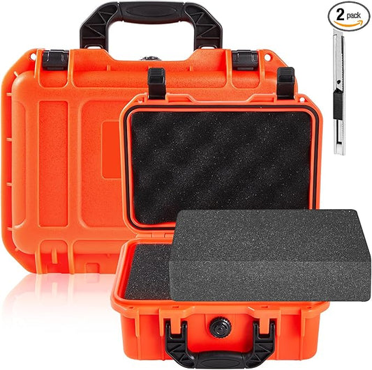 14.3 x 11.4 x 4.5 Inch Waterproof Hard Case with DIY Customizable Foam Insert Portable Protective Case with Knife for Camera Drones Equipments Tools Test Instruments (Reddish Orange)