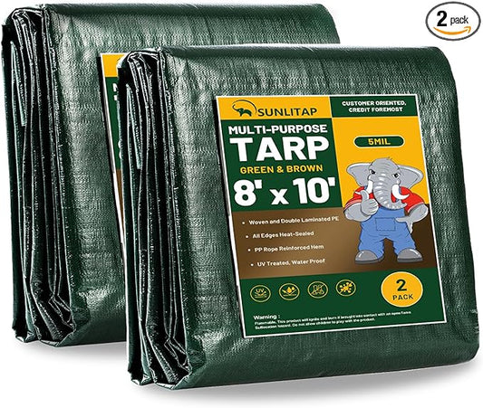 2 Pack 8' x 10' Waterproof Tarps, Finished Size Tarp Cover with Grommets Reinforced Edges, 5 MIL Multipurpose Light Duty Tarpaulin for Car, Camping, Boat, Roof, Protective Cover - Green