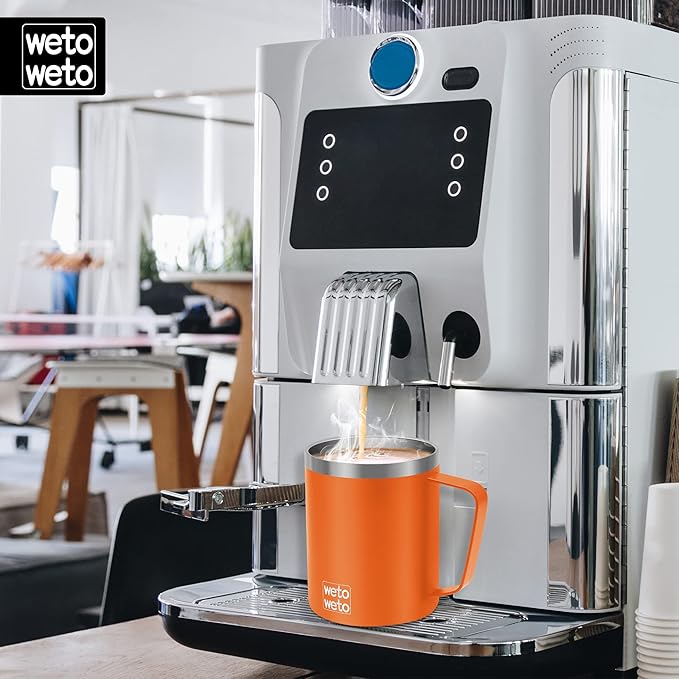 WETOWETO 14 oz Coffee Mug, Vacuum Insulated Camping Mug with Lid, Double Wall Stainless Steel Travel Tumbler Cup, Coffee Mugs Outdoor, Powder Coated Orange