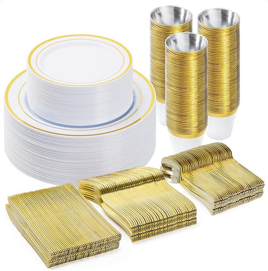 300PCS Plastic Dinnerware Set (50 Guests), Gold Disposable Plates for Party, Wedding, Christmas, Anniversary, Includes: Dinner Plates, Dessert Plates, Cups, Spoons, Forks and Knives