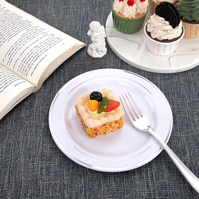 WELLIFE 144 Pieces Silver Plastic Dessert Plates, 7.5 inch Disposable Salad Plates, Premium White Appetizer Plates with Silver Rim, Ideal for Party, Wedding