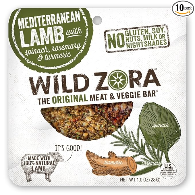 Wild Zora Meat & Veggie Bars, Mediterranean Lamb, 10-Pack, 100% Grass Fed Lamb, Healthy Jerky Paleo Snacks, AIP Friendly, Gluten Free, Soy Free, High Protein, No Added Sweetener, Lamb Jerky Snacks