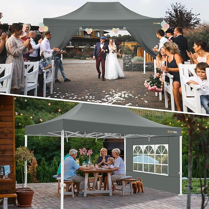 HOTEEL Canopy Tent 10x15 Heavy Duty Pop Up Canopy with Sidewalls, Party Tent with Roller Bag for Event Wedding, Upgraded Commercial Waterproof Instant Canopy, Thick Hexagonal Legs, UPF50+, Gray