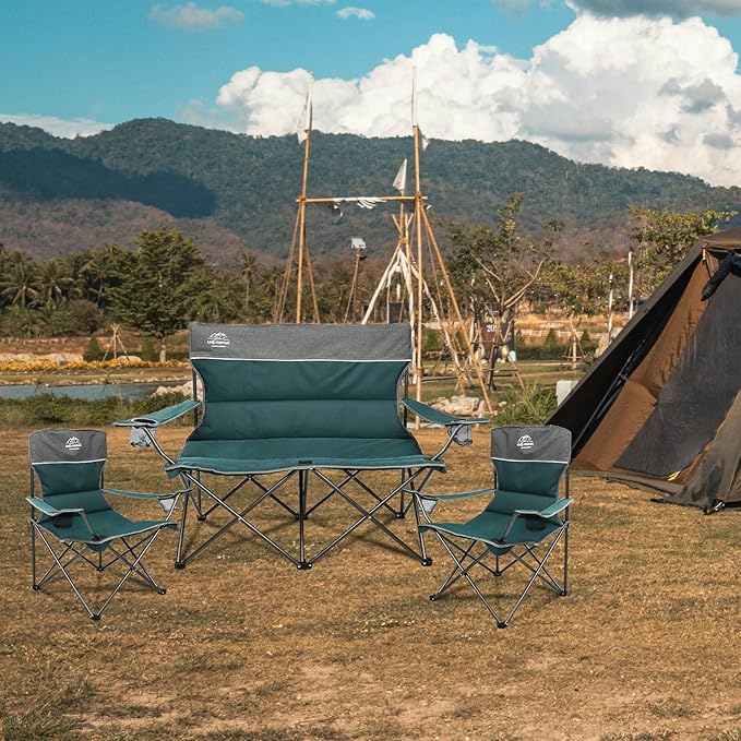 3 Piece Portable Camping Chairs Set,Folding Lawn Chair Set with Cup Holder,Outdoor Heavy Duty Comfy Chairs,Loveseat Chair Perfect for Family Hiking,Picnics and Beach Trips,Bistro Green