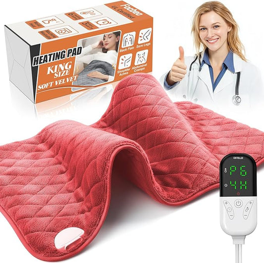 Electric Heating Pad for Pain Relief - 35"x20" King Size, Soft Velvet, Moist & Dry Heat, Adjustable Temperature, Auto Shut-Off, Machine Washable, Ideal for Back, Neck, Shoulder & Menstrual Cramps