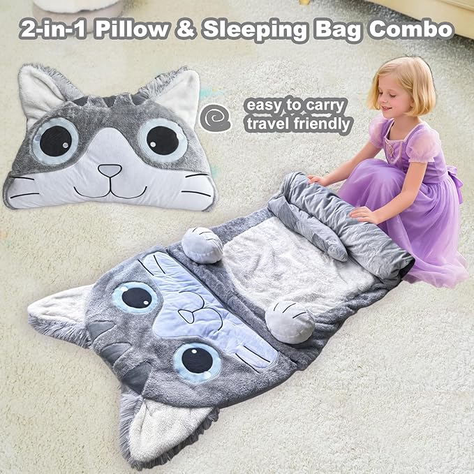 Kid Sleeping Bag with Pillow - Larger Toddler Nap Mat - Plush Slumber Bag for Boys Girls Daycare Preschool Kindergarten Birthday Gift Travel Sleepover Ages 3-12 Years