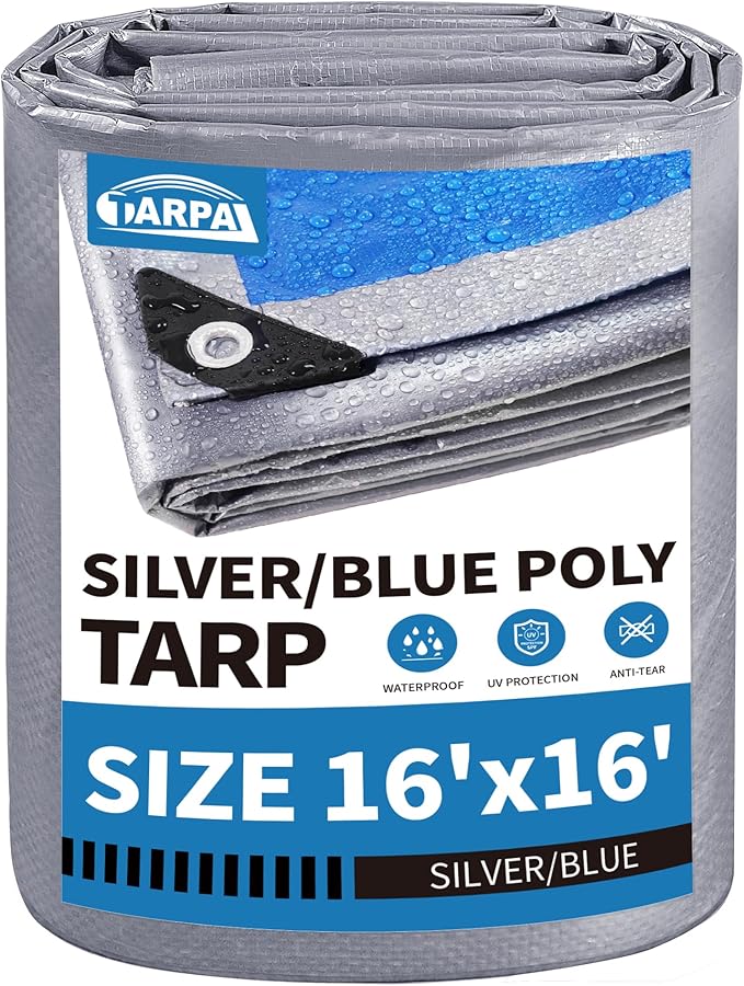 TARPAL Tarp 16x16 Feet Tarp Waterproof Large tarp 7.5mil Waterproof tarps for Outdoors,UV Protection,Rip and Tear Proof,Poly Tarpaulin(Silver/Blue)