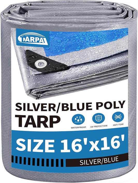 TARPAL Tarp 16x16 Feet Tarp Waterproof Large tarp 7.5mil Waterproof tarps for Outdoors,UV Protection,Rip and Tear Proof,Poly Tarpaulin(Silver/Blue)