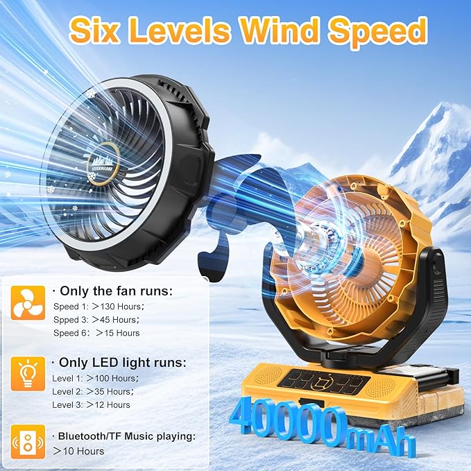 40000mAh Rechargeable Camping Fan for tents With Bluetooth Speaker, Multi-colored LED Light, 6 wind Speeds, 8h Timer, 120° Auto Oscillating Battery Operated Fan for Camping With Fast Charge Adapter