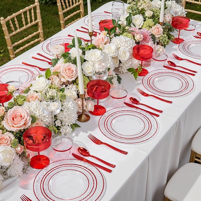 Ciaell 150 PCS Red Plastic Plates – Clear Hammered Disposable Plates with Red Rim include 50Plates, 25Forks, 25Knives, 25Spoons, 25Cups for Wedding & Party & Anniversary & Christmas