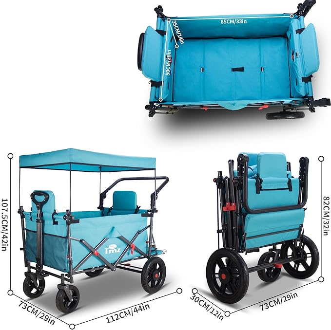 TMZ Collapsible Foldable Wagon Cart with Quick-Release Wheels and 2 Seats, Heavy Duty Wagon 265LBS Load Capacity for Camping Garden Shopping (Turquoise)