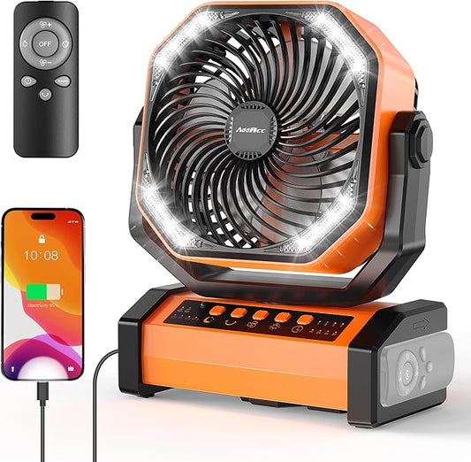 20000mAh Rechargeable Camping Fan - Battery Operated Fan with Light & Remote, Auto Oscillating, 4 Timer, 60 Hrs Work Cordless Tent Fan for Travel Outdoor RV Garage Power Outage Emergency