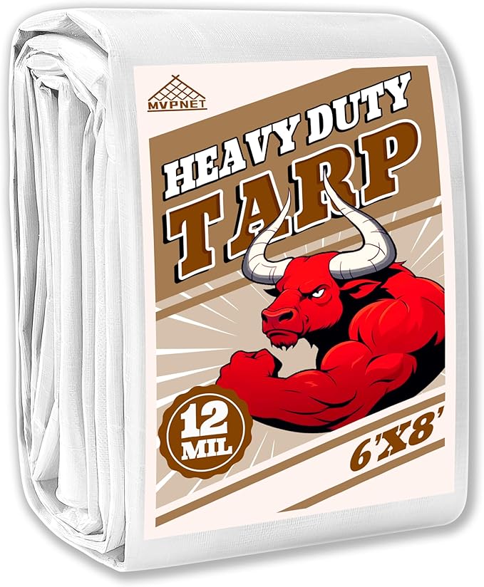 Tarp 6x8 ft Heavy Duty 12mil 100% Waterproof High Durability Multipurpose,Uv Resistant,White Tarp Suitable for Swimming Pools, Boats, Camping, Courtyards, Etc -by MVPNET