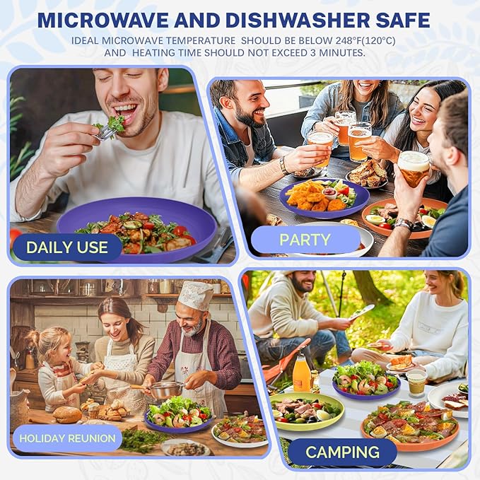 Homienly Wheat Straw Plate Set Reusable Dinner Plates 10 Inch Alternative to Plastic Plates Microwave & Dishwasher Safe Plates for Kitchen, Outdoor, Camping 4 PCS - Mondrian Colors