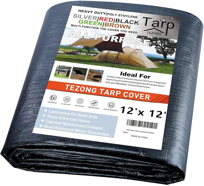 Tarp Heavy Duty Waterproof 12x12ft,TEZONG Black Tarp 12Mil Plastic Tarpaulin Outdoor Tarp Cover for Emergency Rain,Patio Furniture,Wood,Roof,Camping,Car,Pool
