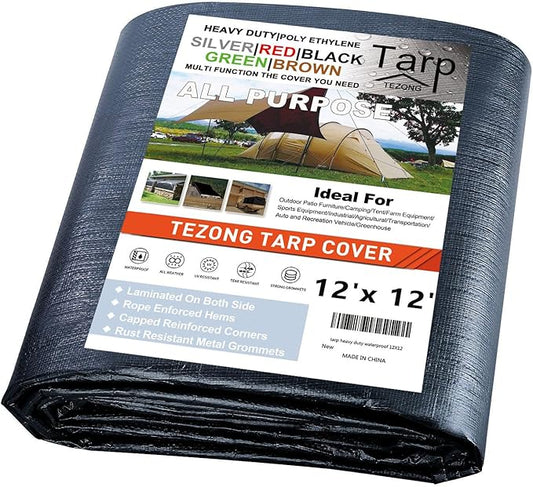 Tarp Heavy Duty Waterproof 12x12ft,TEZONG Black Tarp 12Mil Plastic Tarpaulin Outdoor Tarp Cover for Emergency Rain,Patio Furniture,Wood,Roof,Camping,Car,Pool