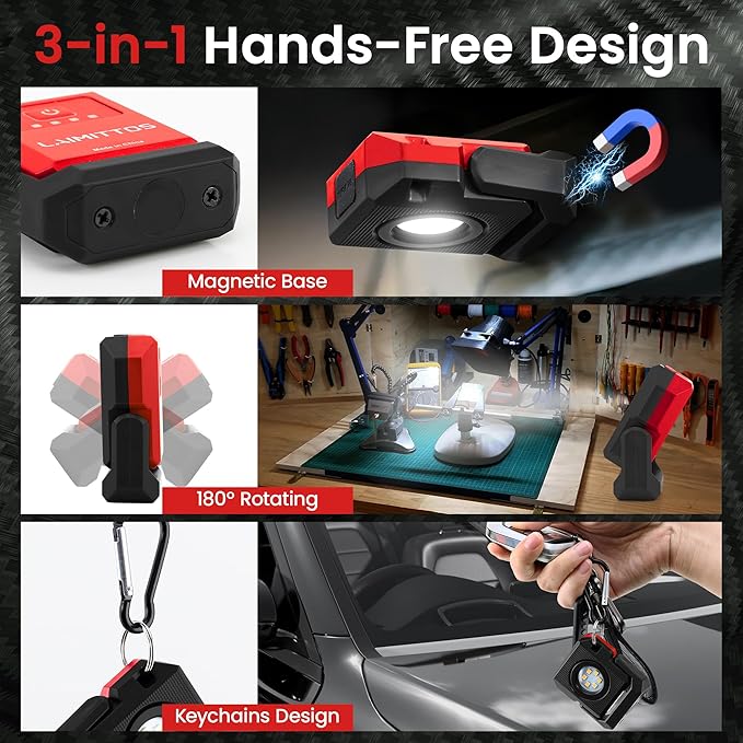 2 Pcs Mini Rechargeable LED Work Light, 550 Lumens Magnetic Flashlight Keychain Lights with Rotatable & Magnet Base Portable Mechanic Light for Car Repairing Outdoors Camping, Black & Red