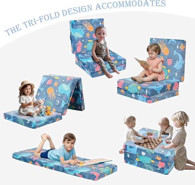 MeMoreCool Foldable Floor Mattress for Kids, Glow Toddlers Trifold Nap Mat, Kids Folding Mattress Portable Sleeping Futon for Daycare or Floor Bed, 57x22 Inch Blue
