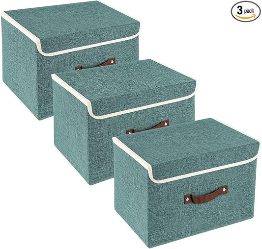 TYEERS Collapsible Storage Boxes, Washable Fabric Storage Bins with Lids, 14.9x9.8x9.8 inches, 3 Pack, Aqua Deep