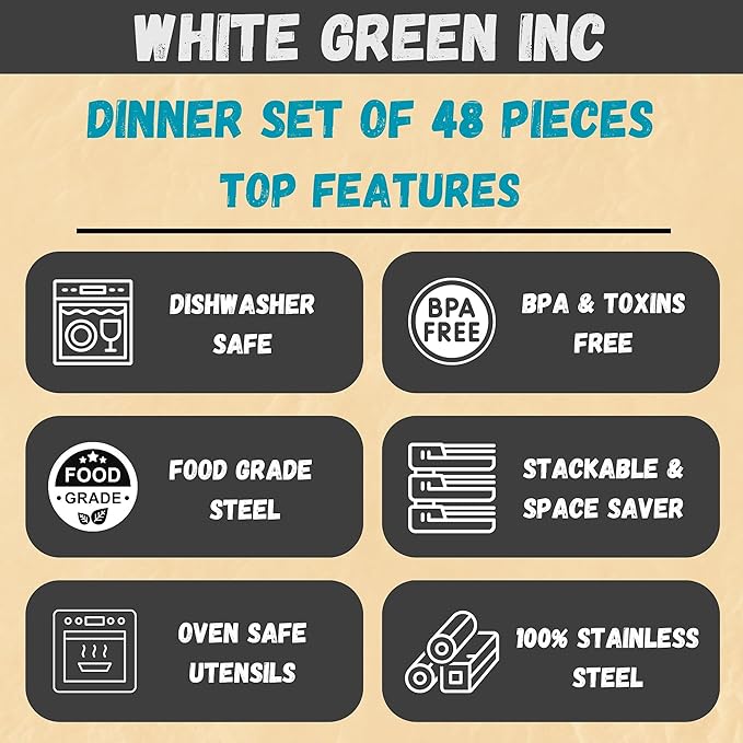 48 Pcs Stainless Steel Dinner Set - Dinnerware set including Dinner Plates, Quarter Plates, Bowls, Tumblers, Forks & Spoons - Home Kitchen Metal Camping Set - Service for 6 (Sticker Free)