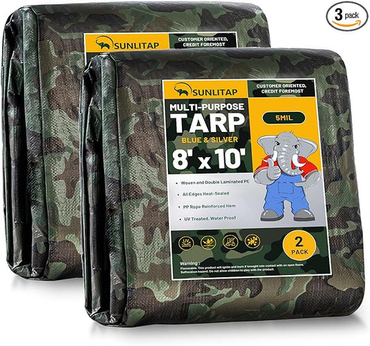 2 Pack Camouflage Tarp 8' x 10' Multipurpose Waterproof Tarps, Finished Size Tarp with Grommets Reinforced Edges, 5 MIL Light Duty Tarpaulin for Car, Camping, Boat, Roof, Protective Cover