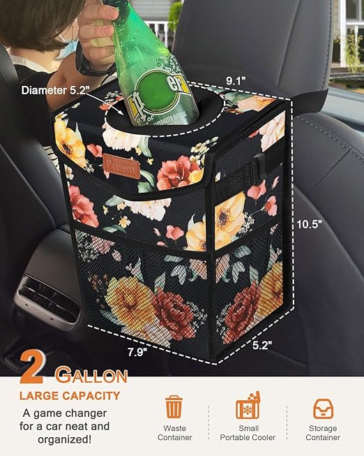 Car Trash Can with Lid, Cute Leakproof Car Trash Garbage Bag Hanging Vehicle Trash Bin Small Portable Automotive Garbage Cans Organizer for Back/Front Seat/Console(Trapezoid,Rose)