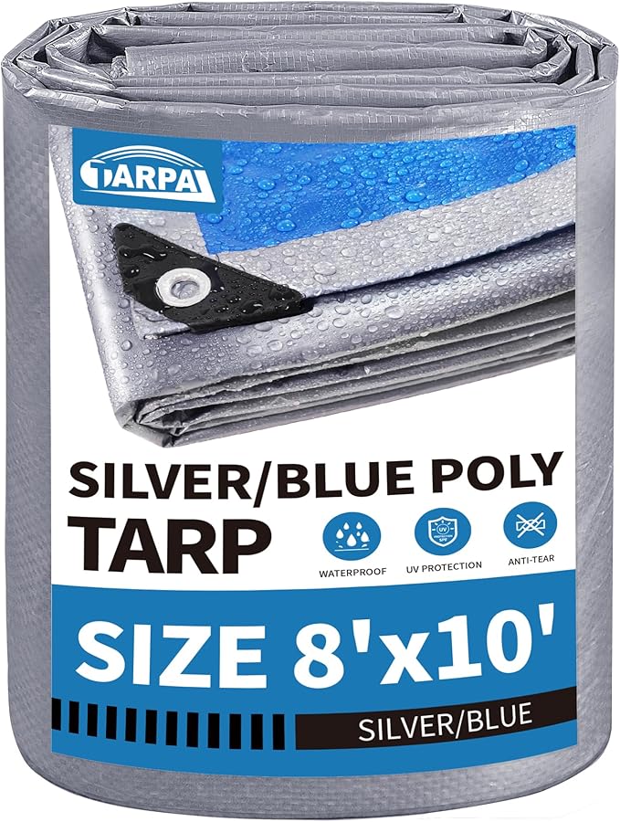 TARPAL Tarp 8x10 Feet Tarp Waterproof Small tarp 7.5mil Waterproof tarps for Outdoors,UV Protection,Rip and Tear Proof,Poly Tarpaulin(Silver/Blue)