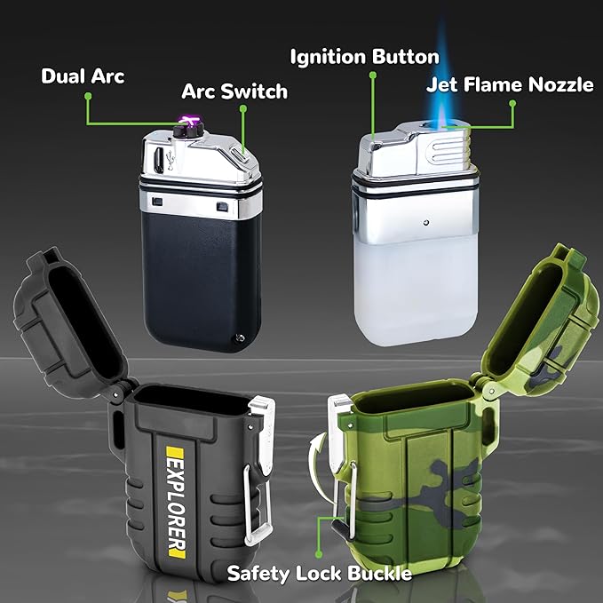 3 Pack Waterproof Lighter Outdoor Windproof Torch Lighters Dual Arc Lighters Butane Electric USB Rechargeable Flameless Plasma Lighter Camping Hiking Adventure Survival Tactical Gear