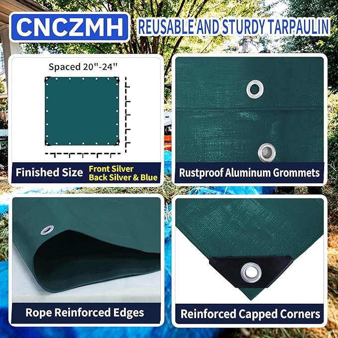 Heavy Duty Tarp Waterproof, 8 Mil Thick Finished Size Tarps Outdoor, Multipurpose Tarpaulin Cover, Small Tarp for Emergency Rain Shelter Camping (Green, 10x10ft)