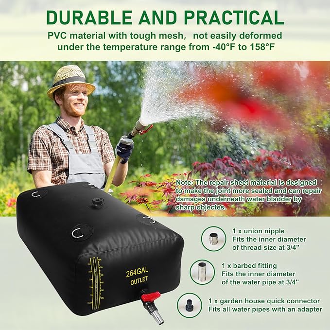 1000L/264Gal Water Bladder with Water Level Indicator, PVC Foldable and Portable Water Tank with 3 Connectors and Overflow Kit, Ideal for RV, Camping, Rainwater Collecting,Planting Watering