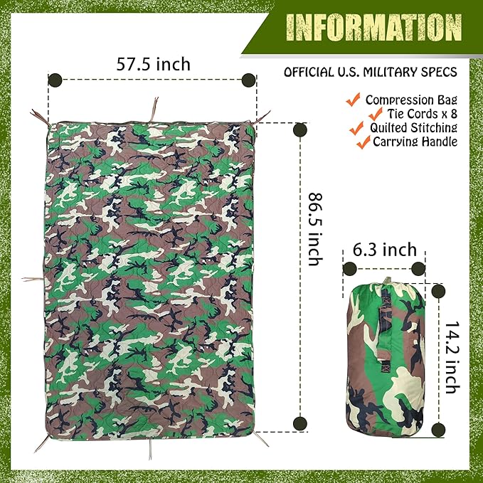 Woobie Blanket, Thermal Insulated Military Poncho Liner, Water-Resistant, Portable, Insulation, for Hiking, Survival with Compression Carry Bag (Forest)