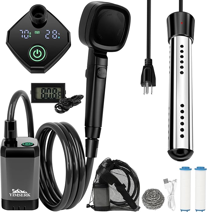 Portable Camping Shower with 6000mAh Battery & 2000W Heater – Rechargeable Camp Shower Pump, LED Screen, Filtered Shower Head, Portable Shower for Camping, Hiking, Travel & Outdoor Cleaning
