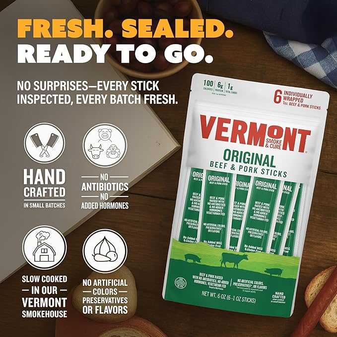 Snack Sticks by Vermont Smoke & Cure – Original Flavor – Beef & Pork – Healthy Meat Protein – 1oz Jerky Stick – 24 count carton