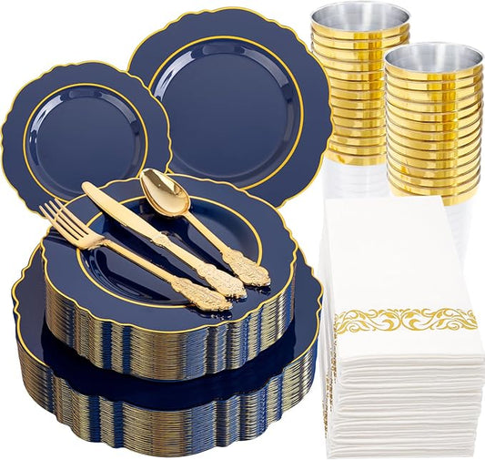 KIRE 210Pcs Navy Blue Plastic Plates - Blue Plates Disposable - 30guest Baroque Plastic Dinnerware for Upscale Wedding/Parties