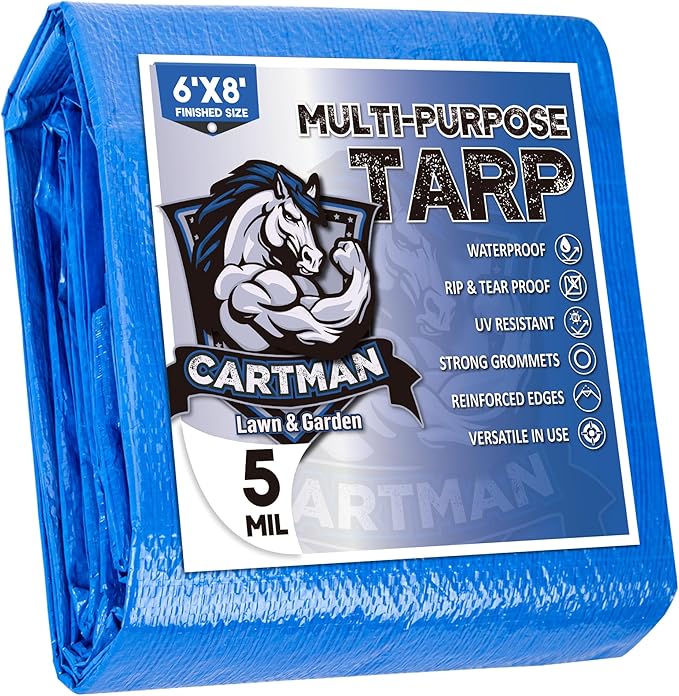 CARTMAN Finished Size 6x8 Feet Blue Poly Tarp 5 Mil Thick, Multipurpose Protective Cover for Camping, Tent, Boat, RV, Car