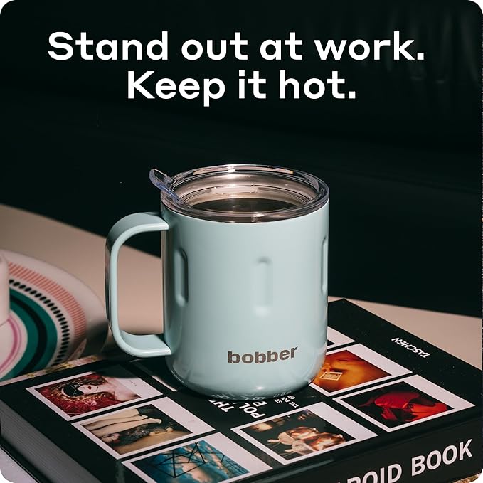 BOBBER 10 oz Insulated Coffee Mug with Wide Handle & Lid – Double Walled Stainless Steel Travel Tumbler for Women, Wife – Triple Walled Coffee Cup for Hot & Cold Drinks (Light Blue)