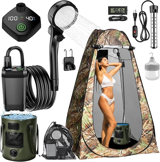 Portable Hot Shower for Camping, Pop Up Shower Tent, Rechargeable Camping Shower with Auto-Off Heater, 6.6 Gallon Foldable Bucket for Camping, Hiking, Traveling
