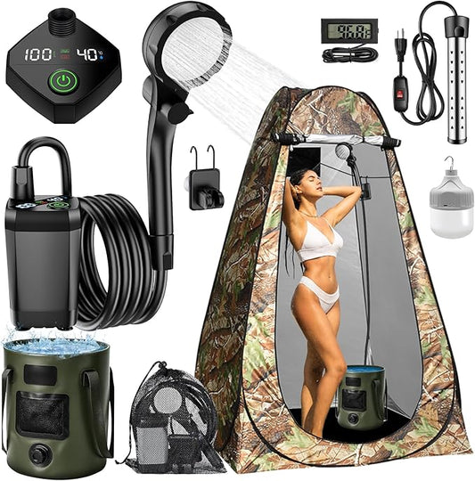 Portable Hot Shower for Camping, Pop Up Shower Tent, Rechargeable Camping Shower with Auto-Off Heater, 6.6 Gallon Foldable Bucket for Camping, Hiking, Traveling