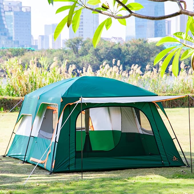 KTT Extra Large Tent 6-10-12-14 Person(A),Family Cabin Tents,2 Rooms,3 Doors and 3 Windows with Mesh,Straight Wall,Waterproof,Double Layer,Big Tent for Outdoor,Picnic,Camping,Family Gathering