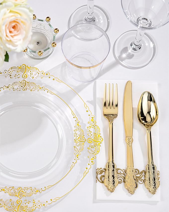 Nervure 100PCS Clear and Gold Plastic Plates - 10.25Inch Gold Disposable Plates - Heavyweight Dinner Plate for Wedding & Party & Thanksgiving